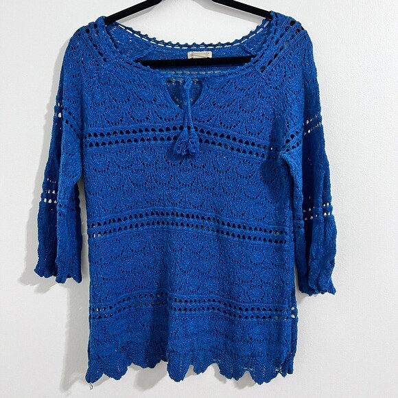 Lucky Brand Teal Crochet Top Live in Love Size L Embroidered Bohemian 3/4 Sleeve - Picture 1 of 7